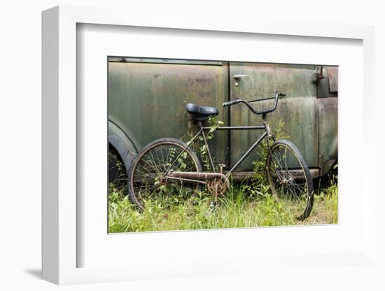 Old fashion bicycle leaning on old truck, Old Car City USA, White, Georgia-Adam Jones-Framed Photographic Print