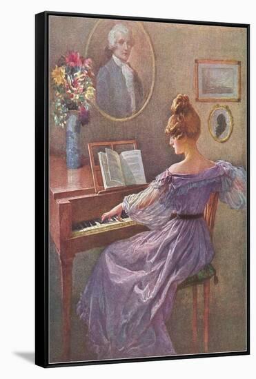 Old Fashioned Lady at Keyboard-null-Framed Stretched Canvas