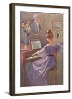 Old Fashioned Lady at Keyboard-null-Framed Art Print