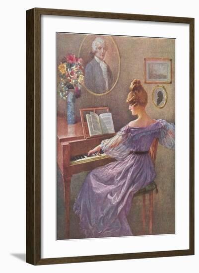 Old Fashioned Lady at Keyboard-null-Framed Art Print