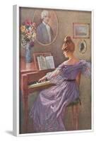 Old Fashioned Lady at Keyboard-null-Framed Art Print