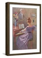 Old Fashioned Lady at Keyboard-null-Framed Art Print