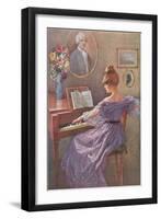 Old Fashioned Lady at Keyboard-null-Framed Art Print