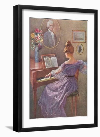 Old Fashioned Lady at Keyboard-null-Framed Art Print