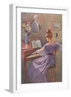 Old Fashioned Lady at Keyboard-null-Framed Art Print