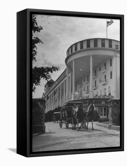 Old-Fashioned Surrey Type Carriages on Mackinac Island Outside Grand Hotel-Myron Davis-Framed Stretched Canvas