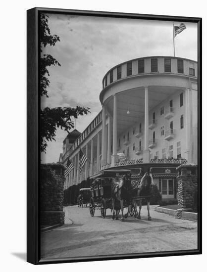 Old-Fashioned Surrey Type Carriages on Mackinac Island Outside Grand Hotel-Myron Davis-Framed Photographic Print