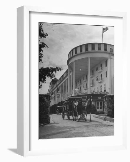 Old-Fashioned Surrey Type Carriages on Mackinac Island Outside Grand Hotel-Myron Davis-Framed Photographic Print