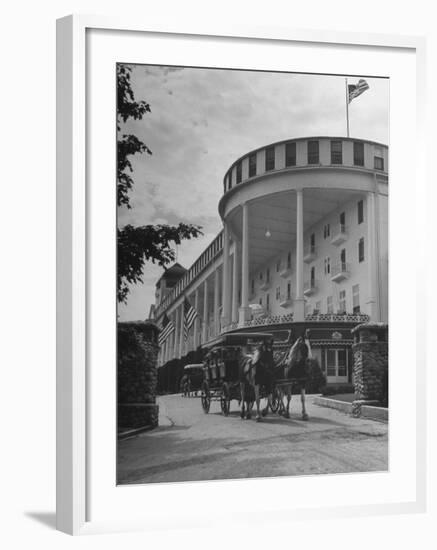 Old-Fashioned Surrey Type Carriages on Mackinac Island Outside Grand Hotel-Myron Davis-Framed Photographic Print