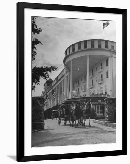 Old-Fashioned Surrey Type Carriages on Mackinac Island Outside Grand Hotel-Myron Davis-Framed Photographic Print