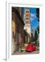 Old Fiat 500 car parked with Basilica dei Santi Bonifacio ed Alessio in the background, Rome, Lazio-Stefano Politi Markovina-Framed Photographic Print