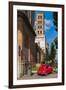 Old Fiat 500 car parked with Basilica dei Santi Bonifacio ed Alessio in the background, Rome, Lazio-Stefano Politi Markovina-Framed Photographic Print