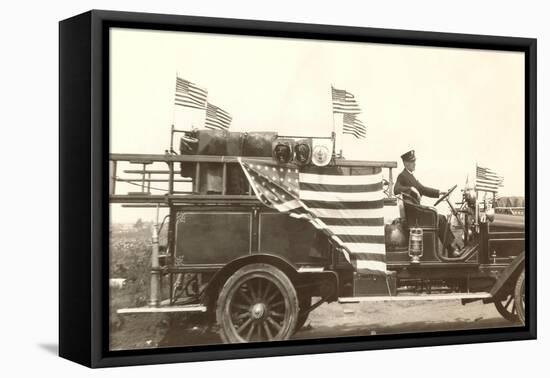 Old Fire Truck with American Flags-null-Framed Stretched Canvas