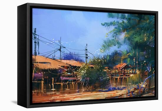 Old Fishing Village,Oil Painting Style,Illustration-Tithi Luadthong-Framed Stretched Canvas