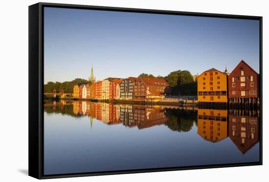 Old Fishing Warehouses Reflected in the River Nidelva-Doug Pearson-Framed Stretched Canvas