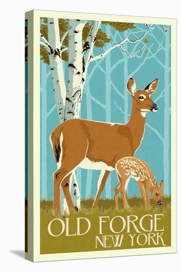 Old Forge, New York - Deer and Fawn - Letterpress-Lantern Press-Stretched Canvas