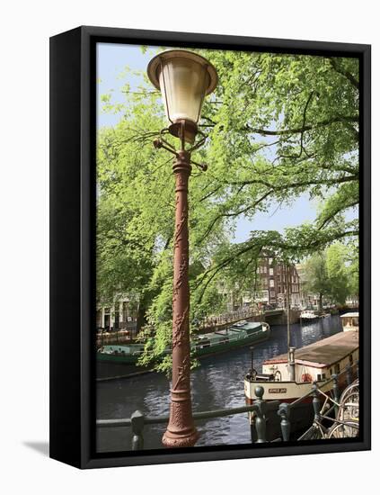 Old Gas Lamp Post and Bicycles on a Bridge over a Canal in Amsterdam, the Netherlands-Miva Stock-Framed Stretched Canvas