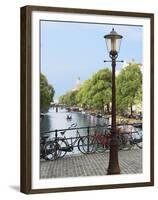 Old Gas Lamp Post and Bicycles on a Bridge over a Canal in Amsterdam, the Netherlands-Miva Stock-Framed Premium Photographic Print