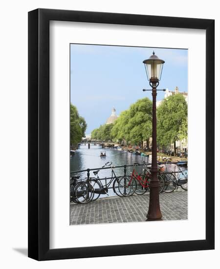 Old Gas Lamp Post and Bicycles on a Bridge over a Canal in Amsterdam, the Netherlands-Miva Stock-Framed Premium Photographic Print