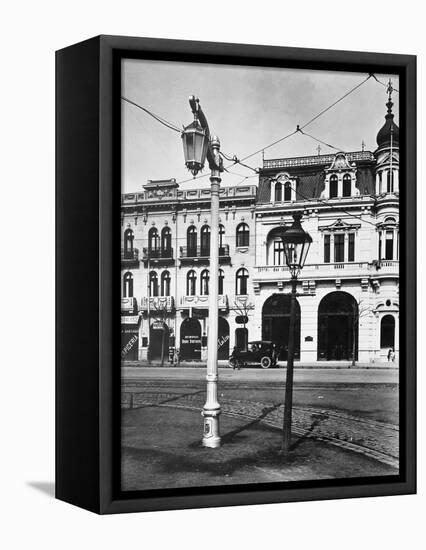 Old Gas Lantern Along a Street-null-Framed Stretched Canvas