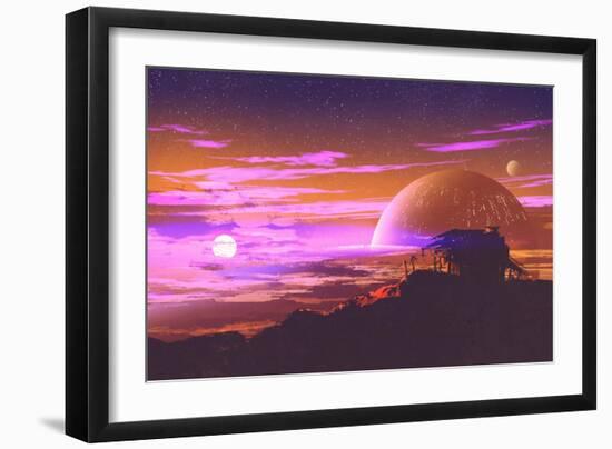 Old House on Planet Background,Illustration Painting-Tithi Luadthong-Framed Art Print