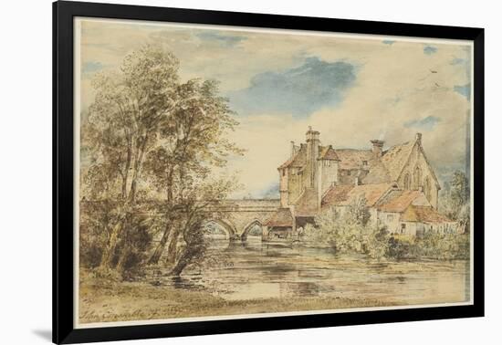 Old Houses on Harnam Bridge, Salisbury with the Ancient Hospital of Saint Nicholas, 1827 (Pen & Bro-John Constable-Framed Giclee Print