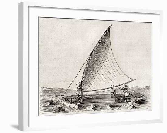 Old Illustration Of A Jangada, Traditional Fishing Boat Used In Northern Region Of Brazil-marzolino-Framed Art Print