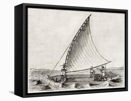 Old Illustration Of A Jangada, Traditional Fishing Boat Used In Northern Region Of Brazil-marzolino-Framed Stretched Canvas