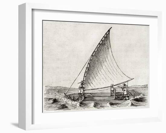 Old Illustration Of A Jangada, Traditional Fishing Boat Used In Northern Region Of Brazil-marzolino-Framed Art Print