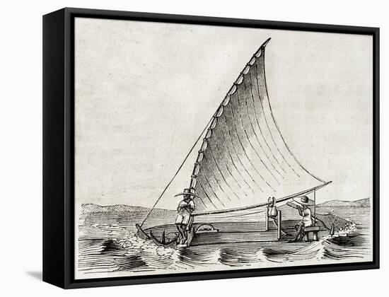 Old Illustration Of A Jangada, Traditional Fishing Boat Used In Northern Region Of Brazil-marzolino-Framed Stretched Canvas