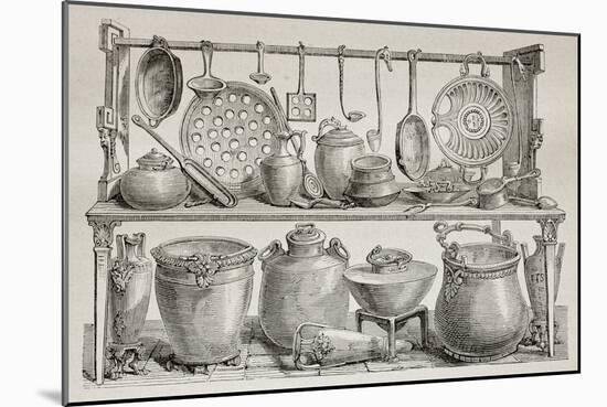 Old Illustration Of Bronze Pottery And Kitchen Utensils Found In Pompeii-marzolino-Mounted Art Print