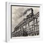 Old Illustration Of Train Crossing Wooden Trestle Bridge Along Union Pacific Railroad-marzolino-Framed Art Print