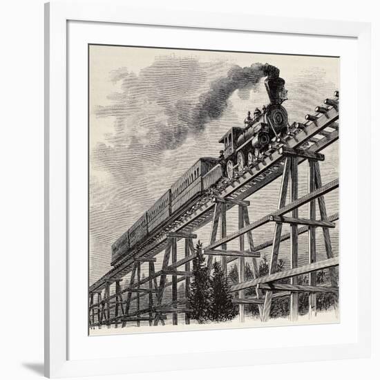 Old Illustration Of Train Crossing Wooden Trestle Bridge Along Union Pacific Railroad-marzolino-Framed Art Print