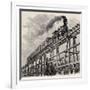 Old Illustration Of Train Crossing Wooden Trestle Bridge Along Union Pacific Railroad-marzolino-Framed Art Print