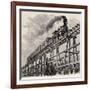 Old Illustration Of Train Crossing Wooden Trestle Bridge Along Union Pacific Railroad-marzolino-Framed Art Print