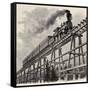 Old Illustration Of Train Crossing Wooden Trestle Bridge Along Union Pacific Railroad-marzolino-Framed Stretched Canvas