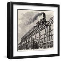Old Illustration Of Train Crossing Wooden Trestle Bridge Along Union Pacific Railroad-marzolino-Framed Art Print