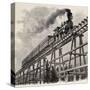 Old Illustration Of Train Crossing Wooden Trestle Bridge Along Union Pacific Railroad-marzolino-Stretched Canvas