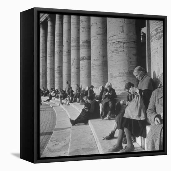 Old Italian Women Knitting While They Socialize in the Colonade of St. Peter's Square, Vatican City-Margaret Bourke-White-Framed Stretched Canvas