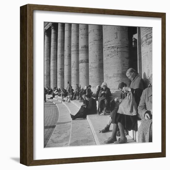 Old Italian Women Knitting While They Socialize in the Colonade of St. Peter's Square, Vatican City-Margaret Bourke-White-Framed Photographic Print