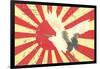 Old Japanese Flag with Crane-null-Framed Art Print