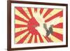 Old Japanese Flag with Crane-null-Framed Art Print