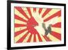 Old Japanese Flag with Crane-null-Framed Art Print