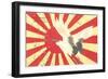 Old Japanese Flag with Crane-null-Framed Art Print