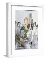 Old Kitchen Utensils: Spoons, Beater, Wooden Spoon and Linen Dish Towel-Martina Schindler-Framed Photographic Print