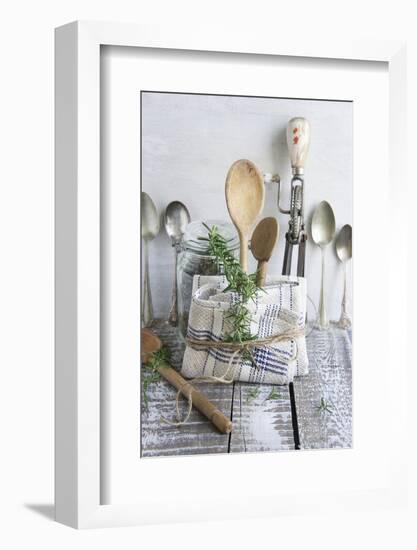 Old Kitchen Utensils: Spoons, Beater, Wooden Spoon and Linen Dish Towel-Martina Schindler-Framed Photographic Print