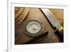 Old Knife, Compass, and Rope on a Old Wooden Desk, Exploration, Survival, and Hunting Concept Image-landio-Framed Photographic Print