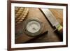 Old Knife, Compass, and Rope on a Old Wooden Desk, Exploration, Survival, and Hunting Concept Image-landio-Framed Photographic Print