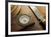 Old Knife, Compass, and Rope on a Old Wooden Desk, Exploration, Survival, and Hunting Concept Image-landio-Framed Photographic Print