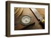 Old Knife, Compass, and Rope on a Old Wooden Desk, Exploration, Survival, and Hunting Concept Image-landio-Framed Photographic Print